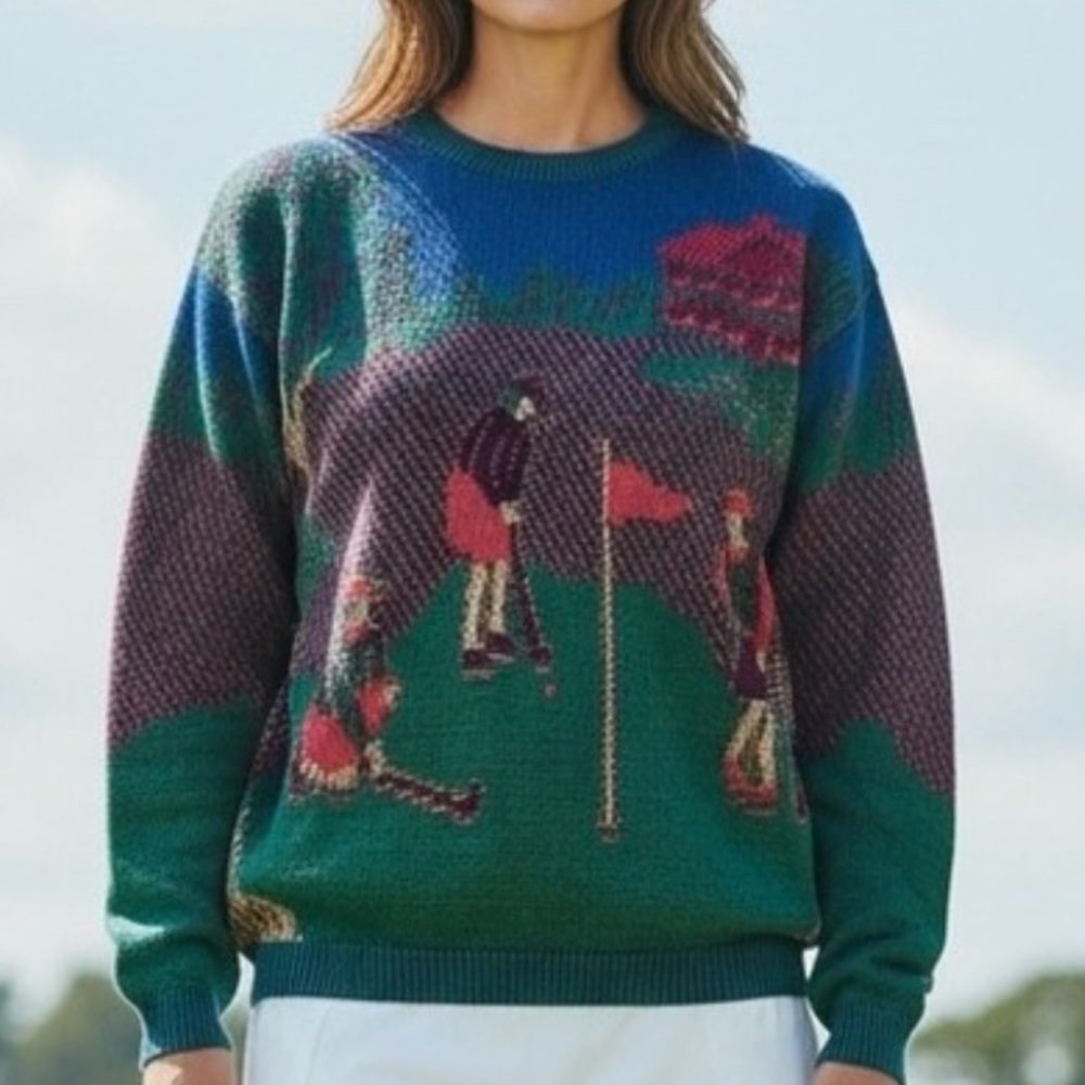 Isle‎ of Cotton Ladies XL Golf Scene Knit Sweater Blue Green Pink 100% Cotton